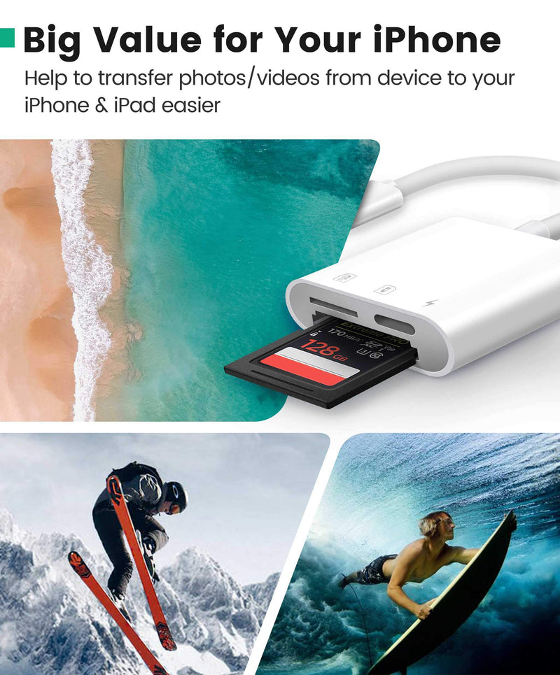 SD Card Reader for iPhone iPad, AkHolz 2 in 1 SD Card Reader for iPhone iPad Camera Card Viewer Reader for Trail Game Camera DSLR Camera Dash Cams SD Card Reader, Portable No App Required