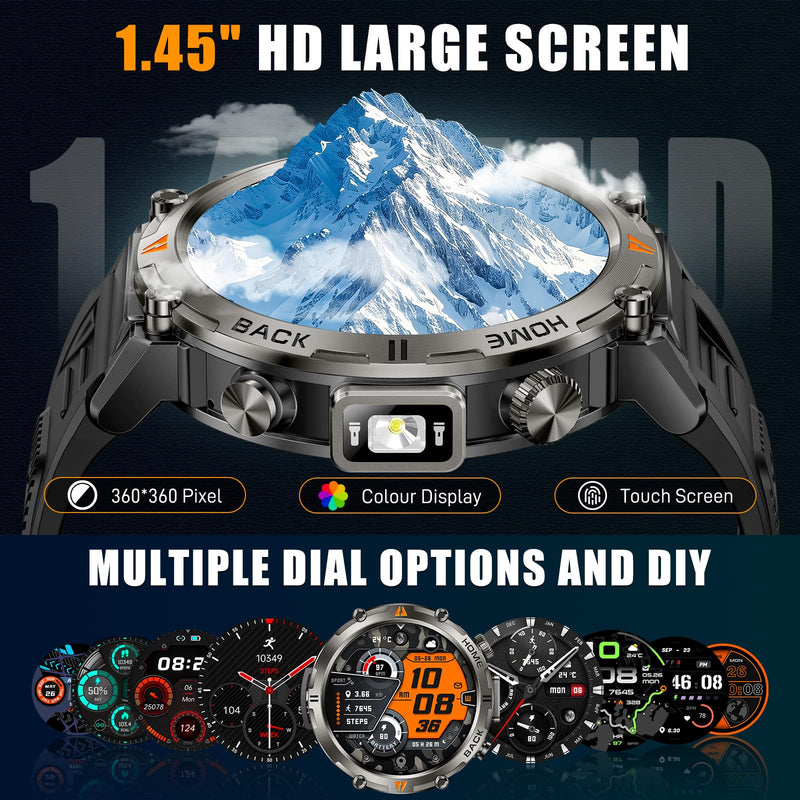Military Smart Watches for Men Built-in GPS LED Flashlight Smartwatch | Rugged Tactical Smart Watch 3ATM Waterproof Compass Calls 530mAh Battery Fitness Tracker with HR/Sleep Monitor iOS Android KE3P Black