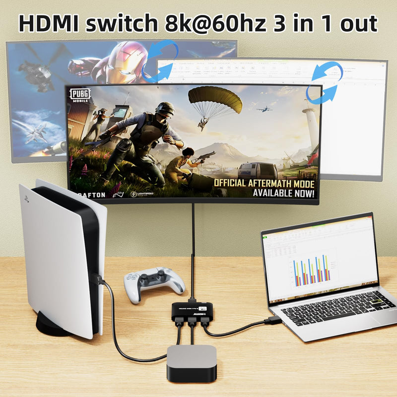 HDMI 2.1 Switch 3 in 1 Out 8k60Hz,3 Port HDMI Switcher 4K@144Hz, 48Gbps,VRR, Dynamic HDR, HDCP 2.3，for PS5/Xbox Series X/Apple TV 8K/Roku Ultra/Fire Stick 8K Max