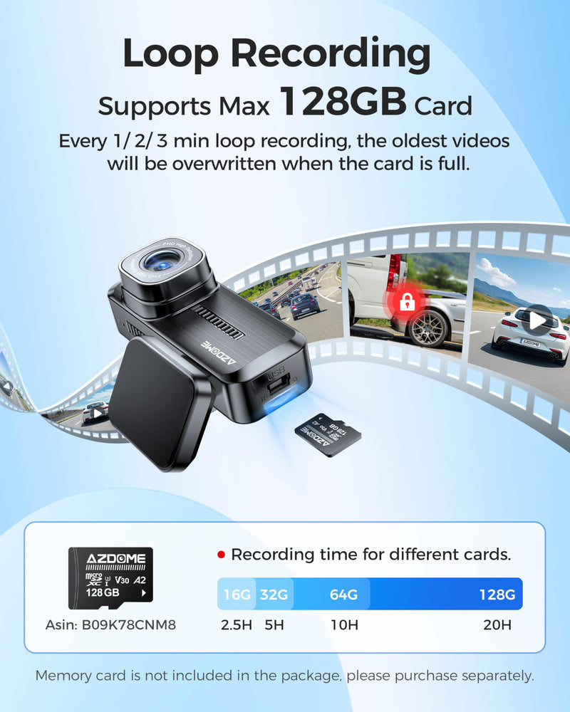 [AUSTRALIA] - AZDOME M200 Mini Dash Cam WiFi Dashcam - Single Channel Dash Cam for Broad Road Coverage - Built-in WiFi - Full HD Resolution - Parking Monitor - App Connectivity - Collision Detection - Night Vision 