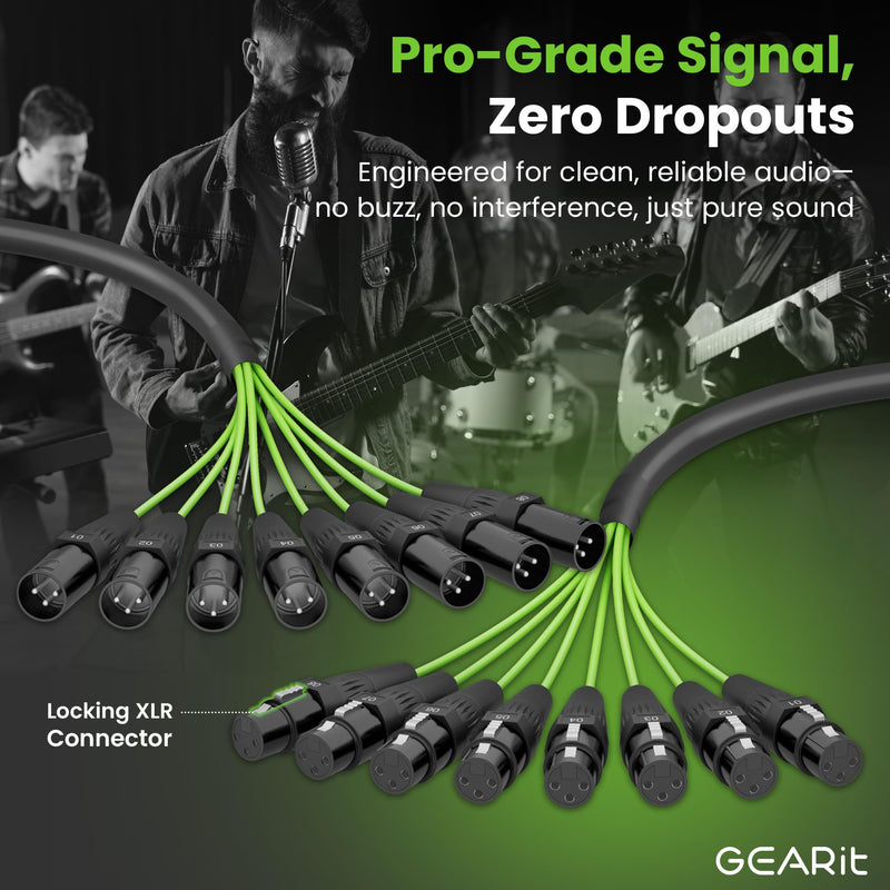 GEARit 8-Channel XLR Snake Cable (10 ft) - 100% Oxygen-Free Copper Snake Wire, Channel Labels, Metal XLR Connectors for Pro Audio - 10 Feet 8-Channel - 10 Feet Black
