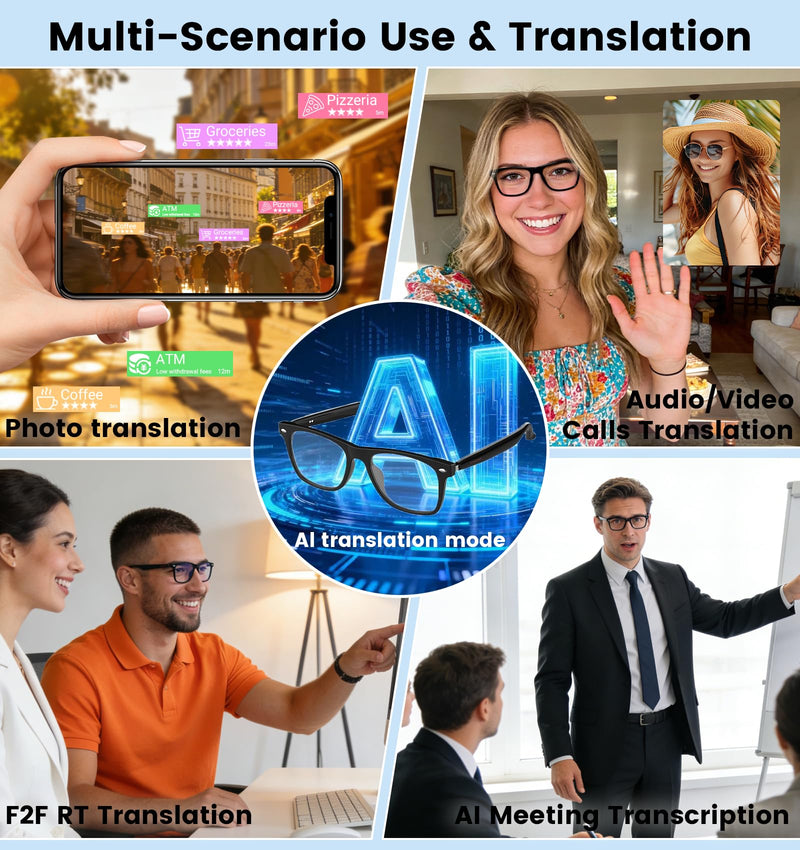 AI Smart Bluetooth Glasses for Men and Women with Translation | Real-time translation (115 languages), Glasses with speakers, Hands-free calls, Blue-light protection, for iOS/Android. Black frame Anti-Bluelight Lense