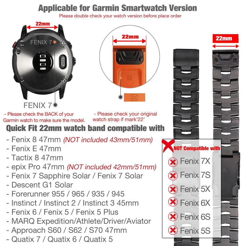 Abanen Titanium Watch Band for Garmin Fenix 8 47mm/epix Pro 47mm, Quick Fit 22mm Titanium Metal Wristband with Stainless Steel Buckle for Fenix 7/6/5,Approach S62 (Black)