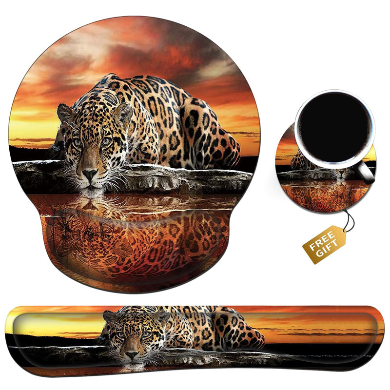 Ergonomic Mouse Pad Wrist Support & Keyboard Wrist Rest Set (with Coaster), Memory Foam Gel Keyboard Moue Pads Combo for Easy Typing Pain Relief Computer Laptop Office-Leopard Drinking Leopard Drinking