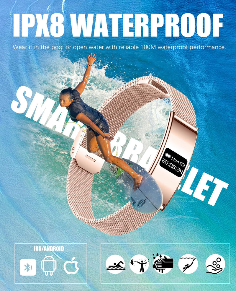 Smart Bracelet for Women Men Ultra-Thin Fitness Tracker for Android & iOS | Wearable Activity,100m Waterproof,24/7 Health Monitoring Heart Rate,Sleep Monitor,100+ Sports modes,30 Days Battery,3 Bands Rose Gold Mesh Strap