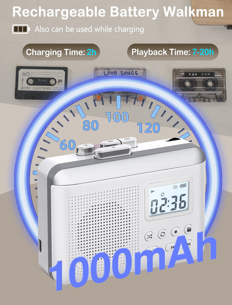 Portable Cassette Player Recorder Converter,Cassette to MP3 via SD Card, Walkman Cassette Tape Player with 1000mah Rechargeable Battery,Built-in Microphone&Speaker,Headphone Jack,16GB SD Card