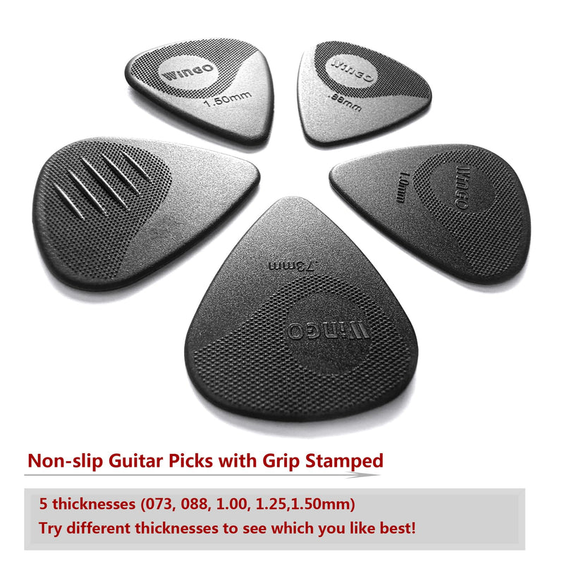 WINGO Guitar Picks with Grip Stamped, Non Slip Picks 5 Pack (073, 088, 1.0, 1.25, 1.5mm) for Acoustic Electric Guitar Bass- Black Color.