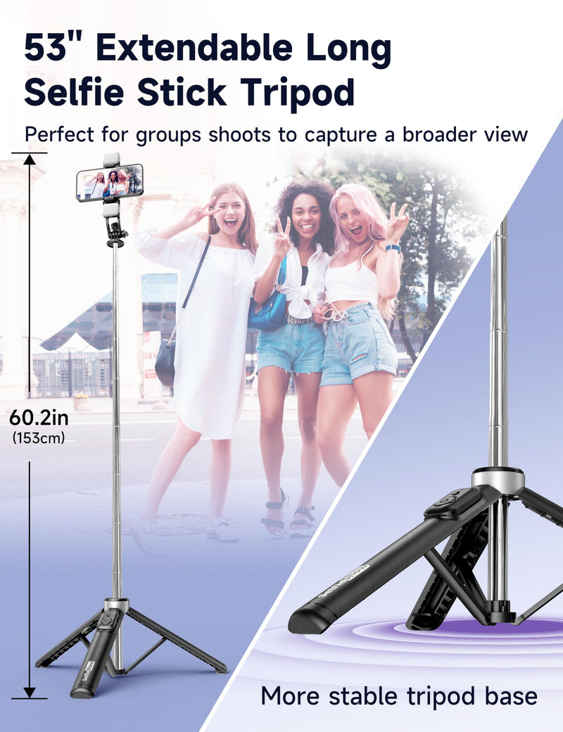 [AUSTRALIA] - 53'' Selfie Stick Tripod with Light, Extendable Selfie Stick with Remote, Portable Cell Phone Tripod Stand with All in 1 Phone Clip, Lightweight Camera Tripod Compatible with iPhone 15 14 13, Android 