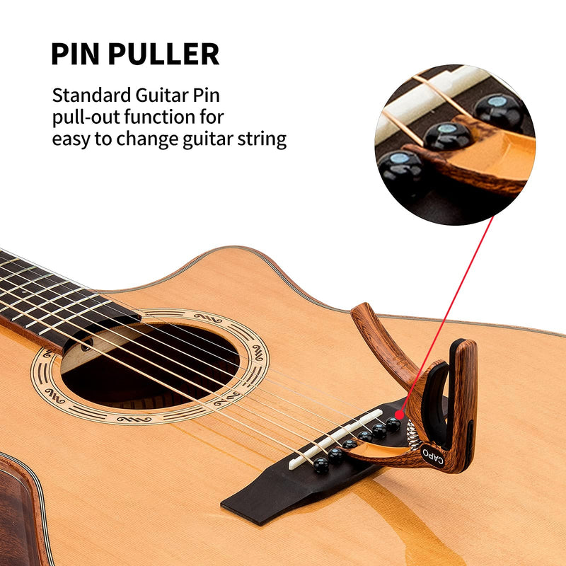 Guitar Capo, 3-in-1 multifunction capo for Acoustic and Electric Guitars (Free bonus 4 picks) with Pick Holder and Pin Puller, Guitar Accessories, wood grain color