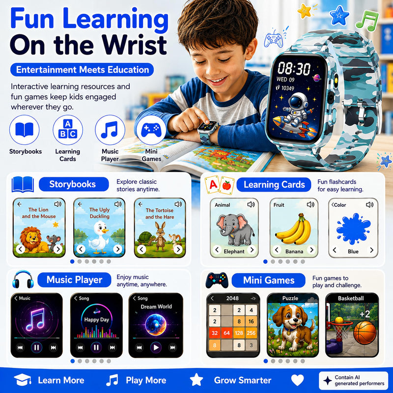 Smart Watch for Kids Boys Age 5-12, Ai Functions Games HD Touch Screen Watches with Video Camera Music Player Pedometer Heart Rate Sleep Tracker Christmas Birthday Gifts for Girls