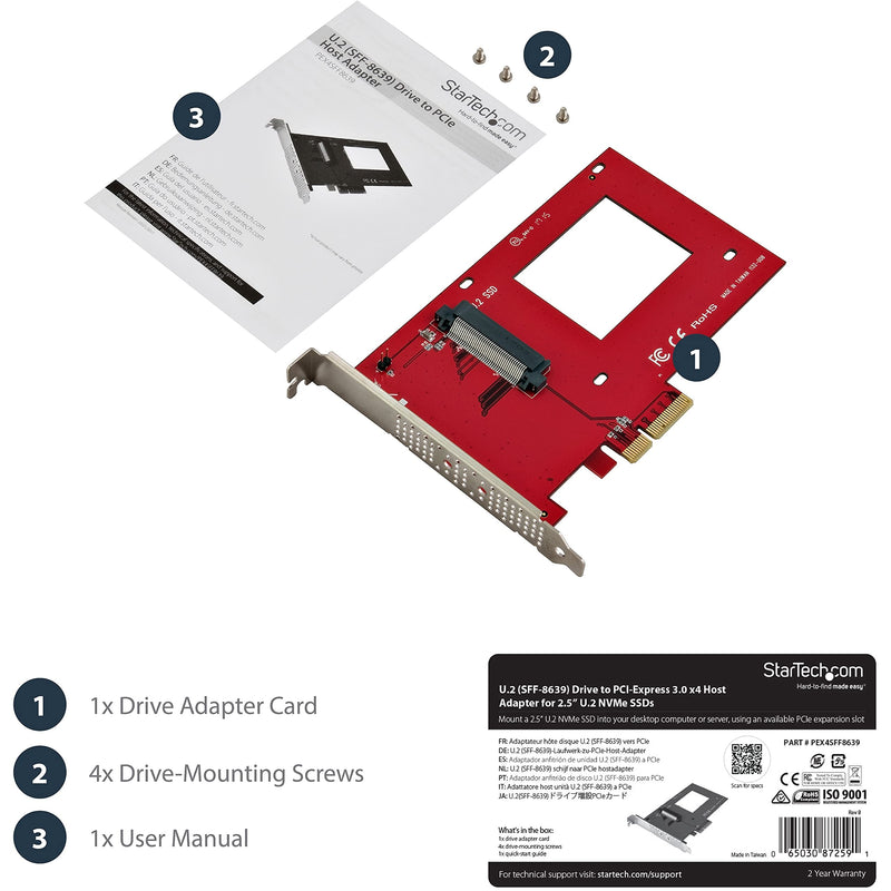 [AUSTRALIA] - StarTech.com U.2 to PCIe Adapter - x4 PCIe - For 2.5" U.2 NVMe SSD - SFF-8639 PCIe Adapter - U.2 SSD - PCIe SSD - U.2 drive (PEX4SFF8639) 