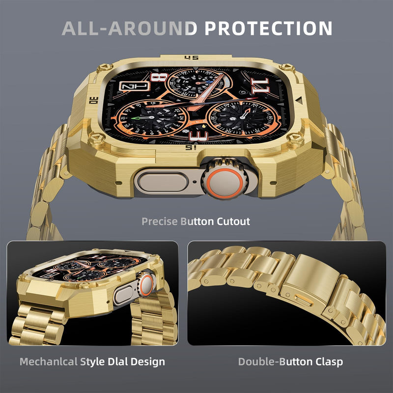 Casual Stainless Steel Case with Band Compatiable for 49mm Apple Watch Ultra Bands for Men,Metal Apple Watch Bumper Case Cover with Strap for iWatch Band Ultra 3/2/1,Gold Gold-3 49mm (Ultra 3/2/1）