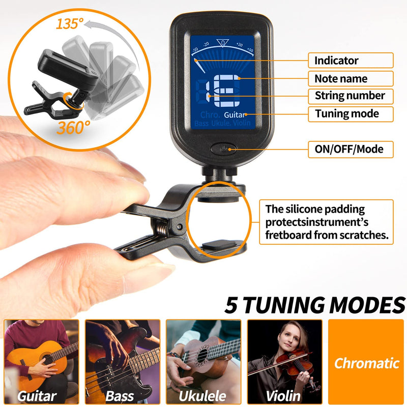 Guitar Tuner Clip on Ukulele Tuner-for Acoustic Electric Bass Ukulele Violin Tuner Black 1 Pack