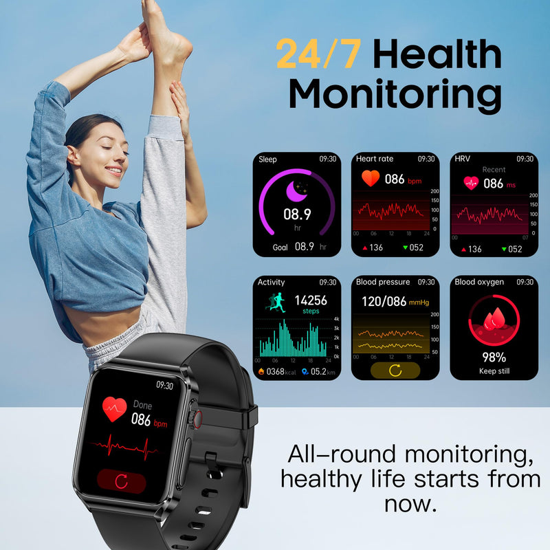 Yowow BIT Smart Watch, 1.85" HD Bluetooth Call Pedometer with Heart Rate/Blood Oxygen/Blood Pressure/Blood Composition/Body Composition/Sleep Monitor IP67 Waterproof (Brown) Coffee