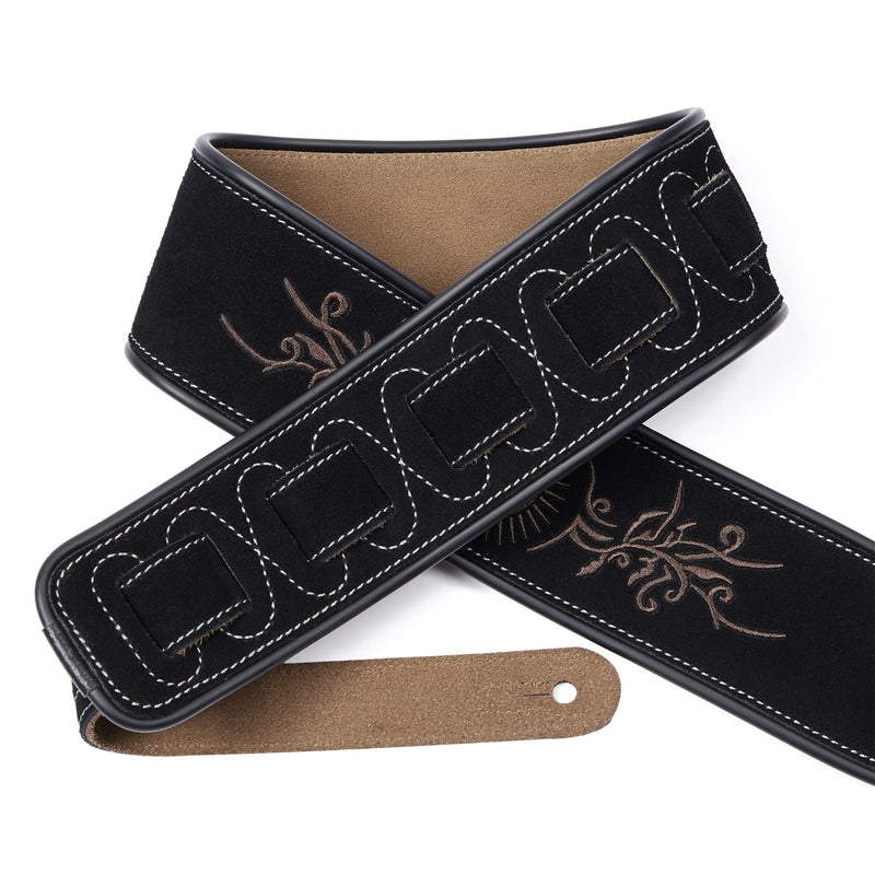 [AUSTRALIA] - Amumu Embroidered Suede Leather Guitar Strap for Acoustic, Electric and Bass Guitar - Black Sun-flower Embroidered 