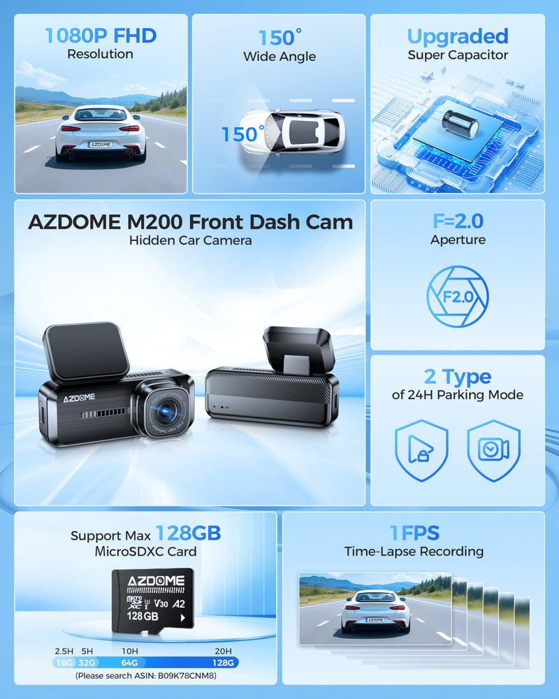 [AUSTRALIA] - AZDOME M200 Mini Dash Cam WiFi Dashcam - Single Channel Dash Cam for Broad Road Coverage - Built-in WiFi - Full HD Resolution - Parking Monitor - App Connectivity - Collision Detection - Night Vision 