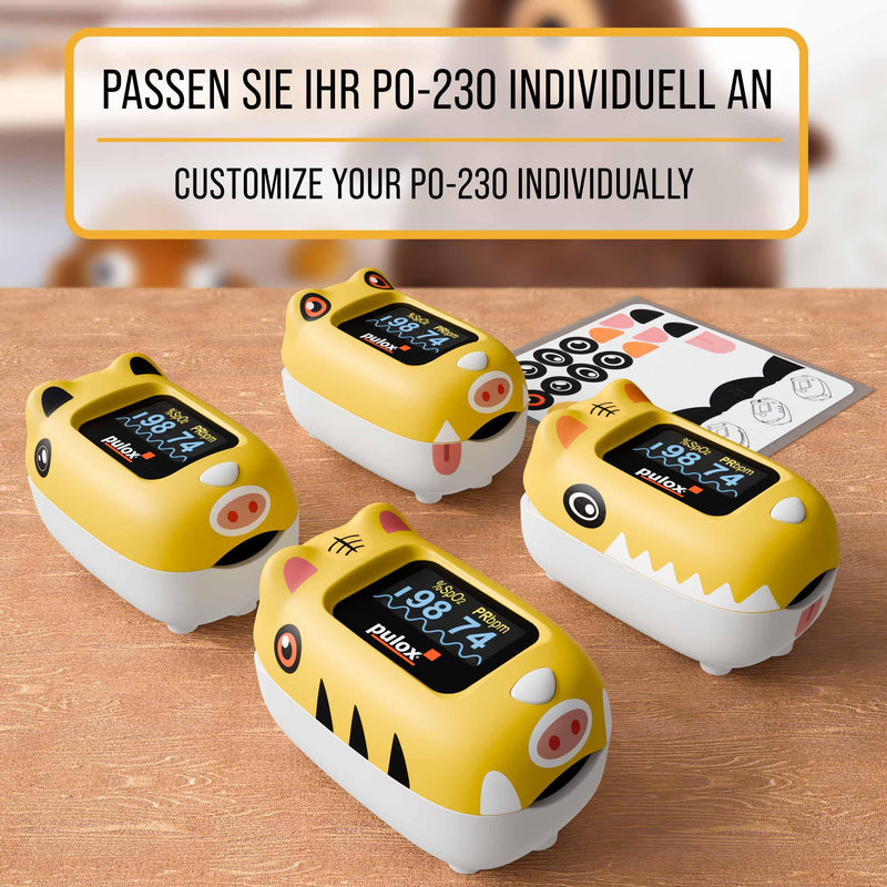 Pulox PO-230 Finger Pulse Oximeter for Children in Yellow, Measurement of SpO2 and Pulse in Seconds - with Stickers to Stick Yourself