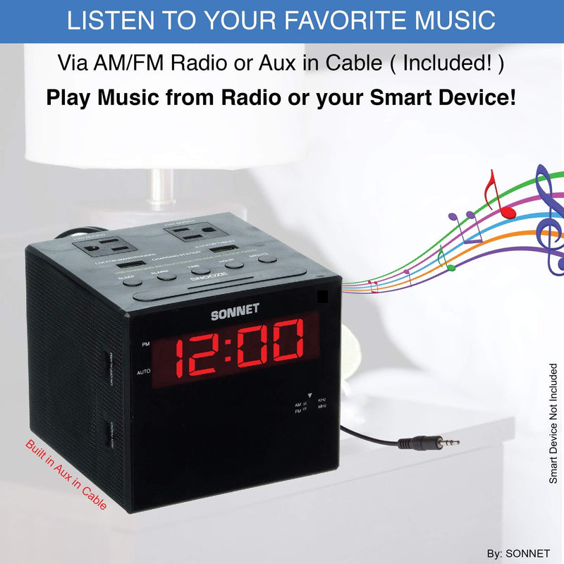 Sonnet Alarm Clock Charging Station, AM FM Radio, Dual USB Charging Ports, Dual AC Outlets, Very Loud Alarm Clock for Heavy Sleepers and The Hearing Impaired for Desk, Bedroom R1414-NO BLUETOOTH