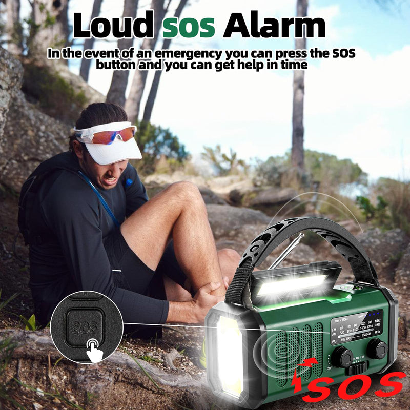 Hand Crank Emergency Radio,37000mWhSolar Powered Hand Crank Portable Radio,NOAA AM FM Weather Radio with 3Mode Flashlight and Reading Light,Cell Phone Charger,Home and Emergency Distress Signal Green