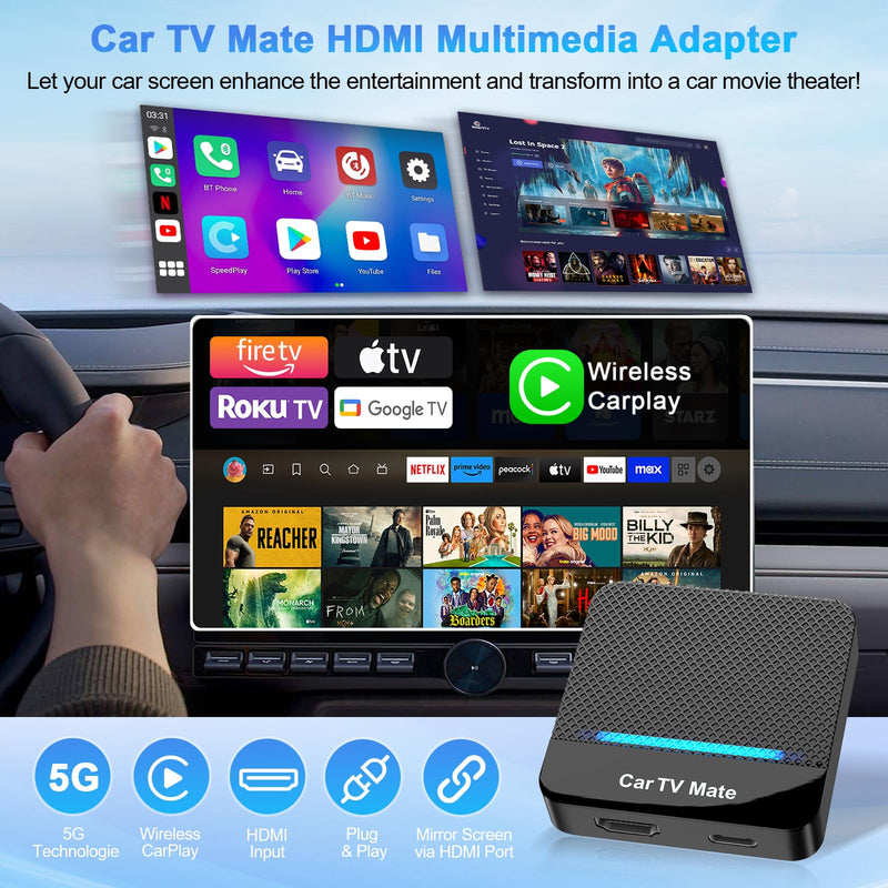 2-in-1 Car TV Mate Pro—Wireless CarPlay Adapter & HDMI Multimedia Adapter for TV Stick Converter/Game Consoles/Set-Top Box/Screen Mirroring, Plug & Play HDMI Cars T V Dongle Compatible Cars from 2016 Black1