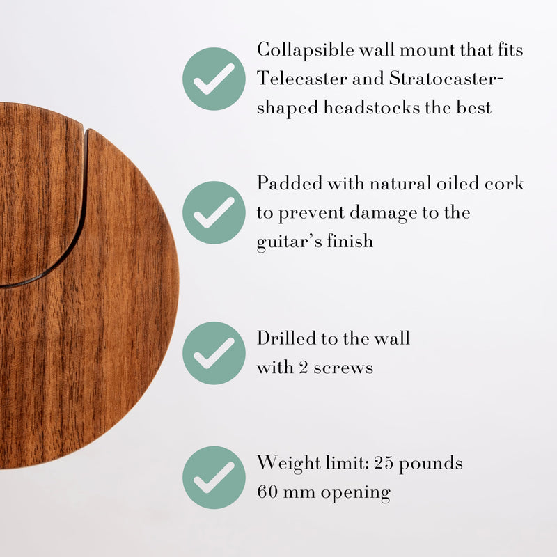 [AUSTRALIA] - World’s Only - Collapsible Electric Guitar Hanger and Wall Mount Bracket Holder for Electric Guitars and Basses - Danish Design - Space Saving - Wooden - Walnut Color - Scratch Proof (Walnut) 