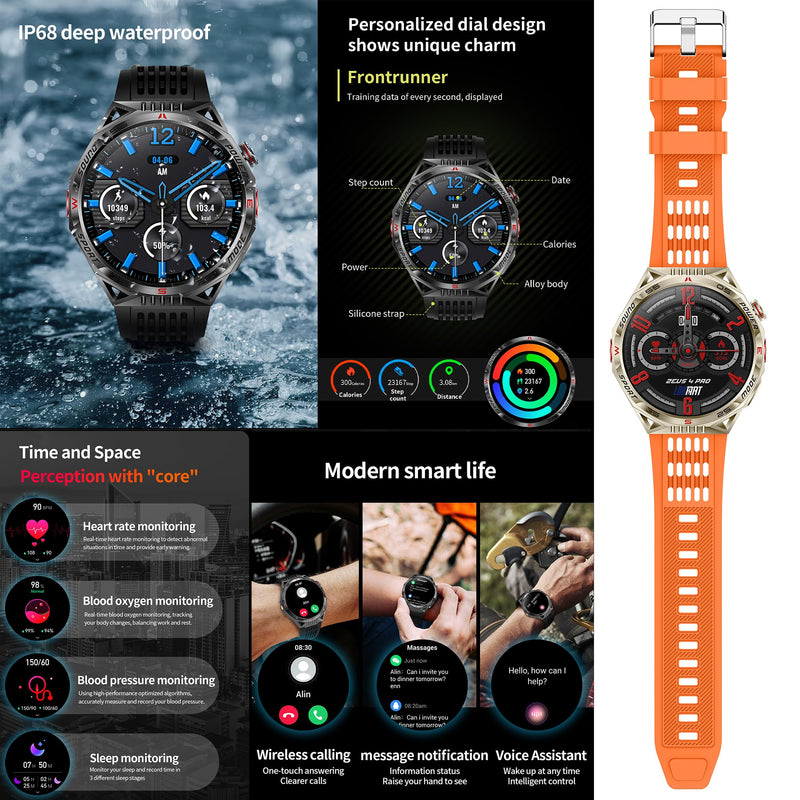 1.85”AMOLED Smart Watch for Men(Answer/Make Calls), LED Lighting, 5ATM Waterproof Fitness Watch with Heart Rate, SpO2, Blood Pressure, Bluetooth Smartwatch for Android iPhone, with 3 Bands (Silver) Silver