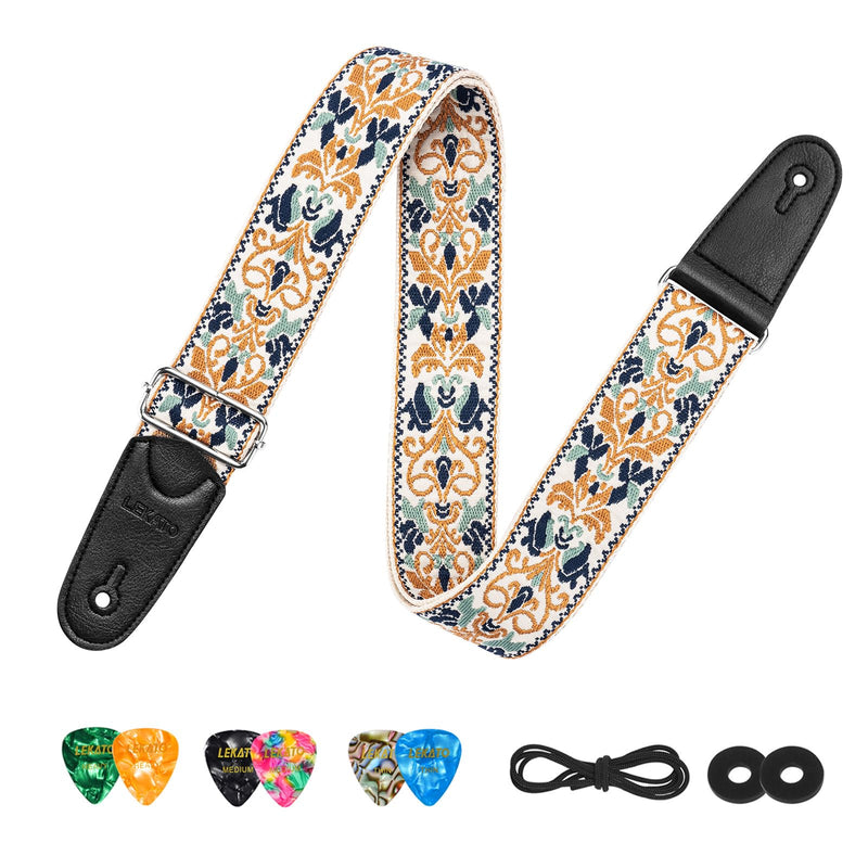 LEKATO Guitar Strap for Electric Bass Acoustic Guitar, Floral Jacquard Embroidery 2? Wide Guitar Straps Bass Strap Padded Guitar Straps with Picks & Blocks (Golden Flower White)