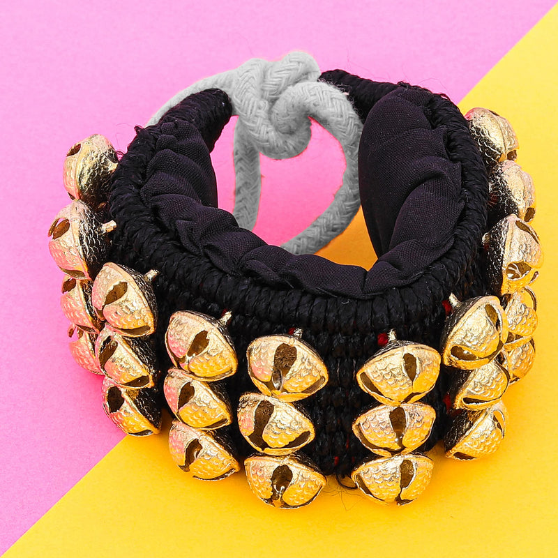 Dancing Bells Anklet Ghungroo with Colored Cushion Pad 3 Line with (30+30) Bells Best For Indian Classical Dance, Indian Style Brass Ankle Bells (BLACK) BLACK