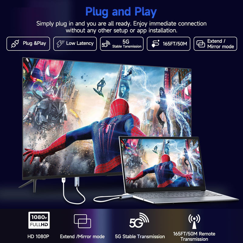 [AUSTRALIA] - 2026 Upgraded Wireless HDMI Transmitter and Receiver, 165FT/50M 4K Decode 1080P Output, Plug & Play Portable 2.4G/5G Wireless HDMI Extender Kit for Desktop,PC,TV Box, PS5/4 to TV/Monitor/Projector. 
