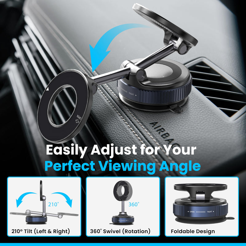 Ryvlan Carmount Vacuum Magnetic Phone Mount for Car– Magsafe Suction iPhone Stand, Content Creator Phone Holder & Car Mount, iPhone Holder for Dashboard & Windshield, Suction Cup Samsung Stand Sleek Black