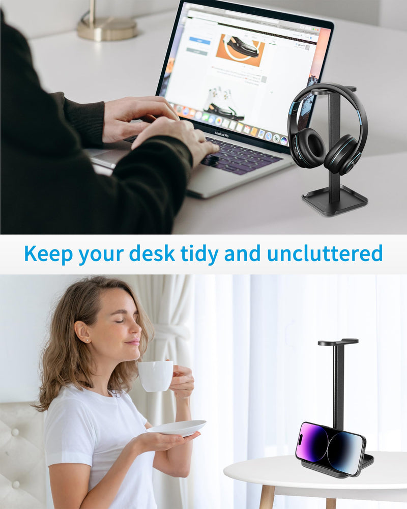 2-in-1 Aluminum Headphone Stand & Phone Holder Rack - Sleek, Sturdy & Ergonomic Design Gaming Headset Stand for Desk Organization - Gamer Gifts (Black) Black