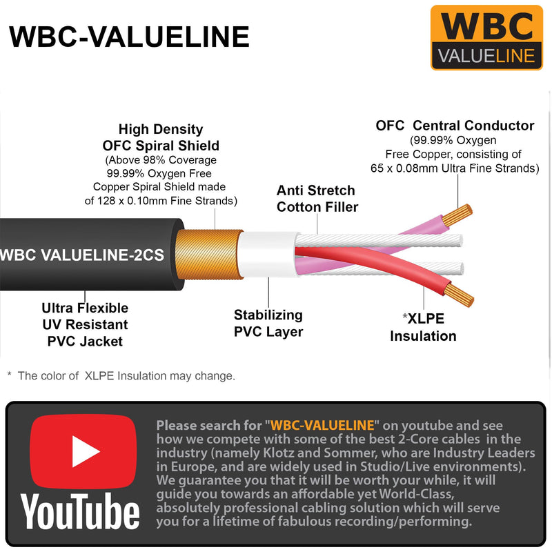 WBC-VALUELINE-2CS (22 AWG) - 4 Units - 6 Foot–Low-Capacitance Shielded Balanced Flexible Microphone, Active-Speaker & Interconnect Cables with Neutrik-Rean IP65 Rated Gold XLR Connectors
