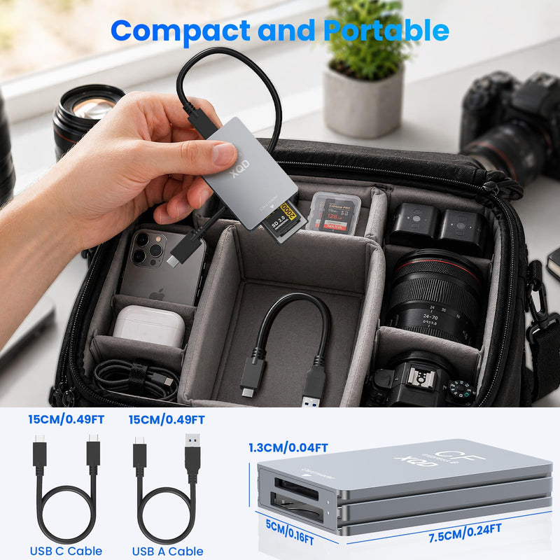CFexpress Type B/XQD/SD Card Reader — 10Gbps CFexpress Type B Reader with USB 3.2 Gen2 Ultra Transfer Speed, USB-C&USB-A Cables,CFexpress Adapter Memory Card Reader for Windows/Mac/Android/Linux Small