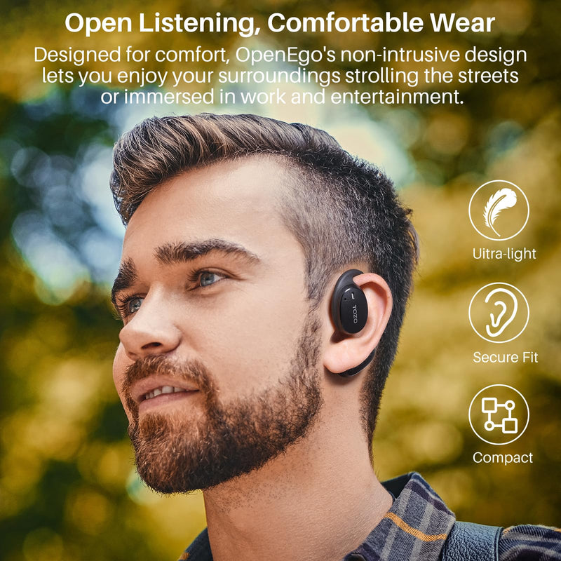 TOZO OpenEgo True Wireless Open Ear Headphone,5.3 Bluetooth Sport Earbuds Black + USB-C to USB-A Charging Cable Black