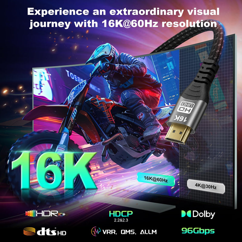 16K 10K 8K HDMI 2.2 Cable 16FT, 96Gbps Ultra High Speed HDMI Braided Cord, Support 16K@60Hz 8K@60Hz 4K@120Hz eARC HDCP 2.2&2.3 HDR10+ Dolby for PS5 PlayStatio5 Xbox Series X Apple TV 4K 5M/16Feet