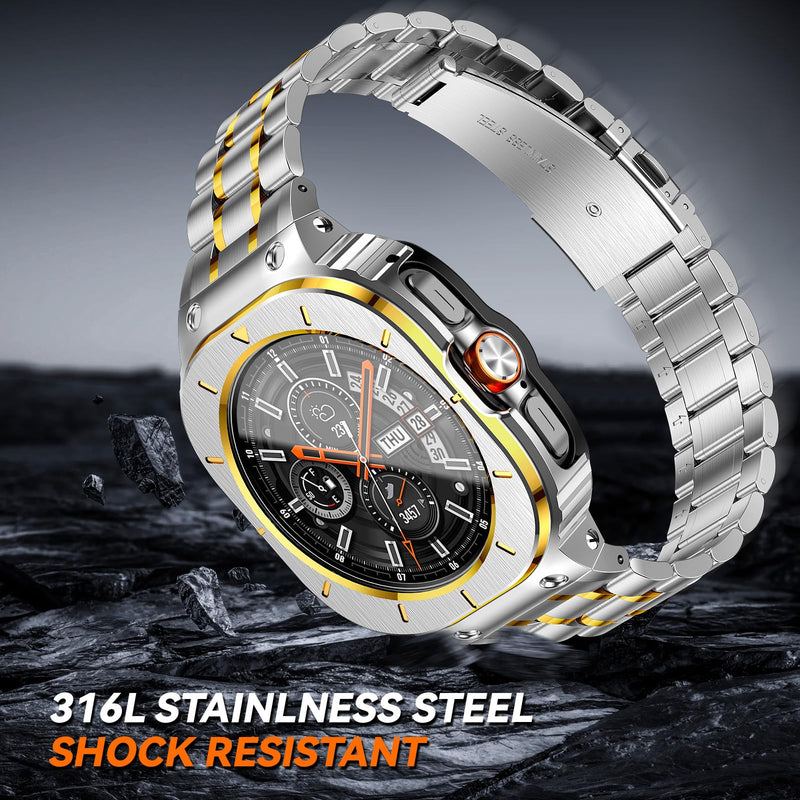 Stainless Steel Band with Case Compatible with Samsung Galaxy Watch Ultra | BAITEYOU Metal Strap with Cover for Samsung Galaxy, Ultra 2/9/8/7 47mm 2026/2025/2024, Luxury Bracelet for Men.Silver Gold Silver Gold Galaxy Watch Ultra -47mm
