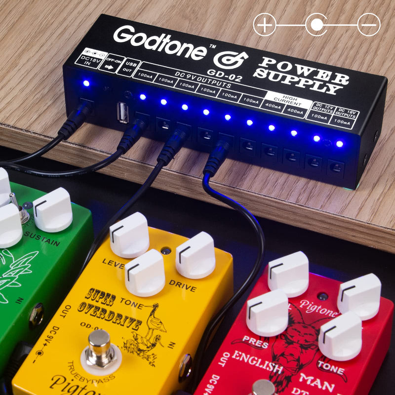 Godtone Guitar Pedal 10 DC Outputs for 9V 12V 18V Effect Pedal Power Supply with USB(5V2A) Port GD-02