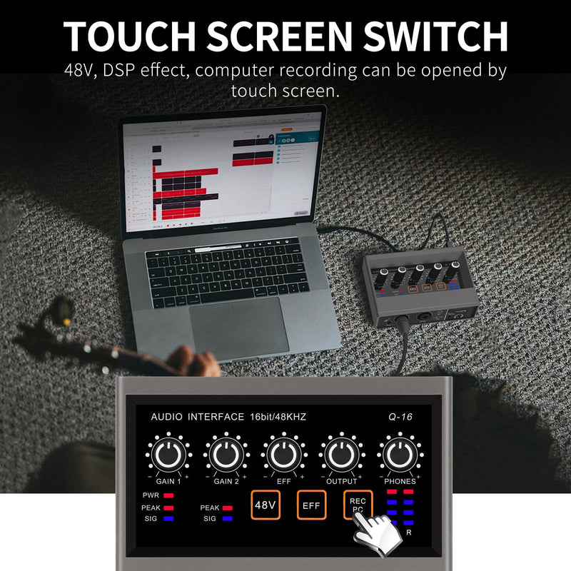 XTUGA USB Audio Interface for PC with Touch Model 16 bit/48 kHz, DSP Effect, 48V Phantom Power XLR Audio Interface for Recording Music, Live Streaming, Q-16