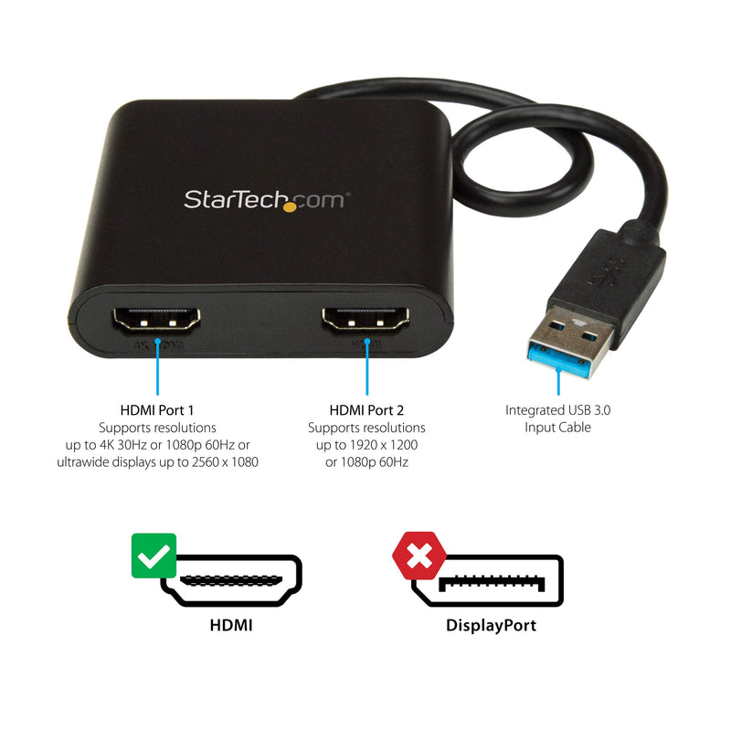 StarTech.com USB 3.0 to Dual HDMI Adapter - 1x 4K 30Hz & 1x 1080p - External Video & Graphics Card - USB Type-A to HDMI Dual Monitor Display Adapter - Supports Windows Only - Black (USB32HD2) 2x HDMI | USB 3.0 | Windows Only
