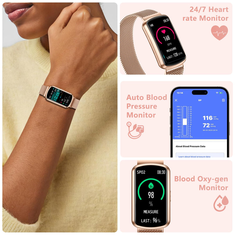 Health Fitness Tracker, Smart Watch with 24/7 Heart Rate, Activity Tracker with Blood Pressure and Blood Oxygen Monitor, 120 Sport Mode Waterproof Sleep Tracker for Women Men Pink Gold