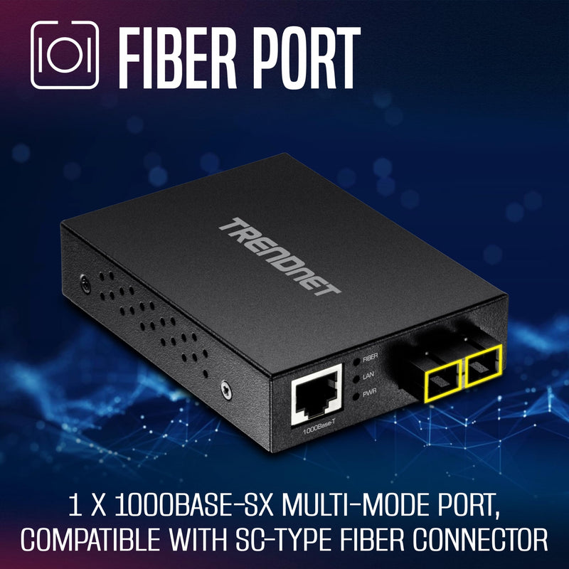 TRENDnet 1000Base-T to 1000Base-SX Multi-Mode SC Fiber Converter,TFC-GMSC | up to 550M (1800 ft.), 2 Gbps Switching Capacity,NDAA &TAA compliant, Black 550 m Gigabit