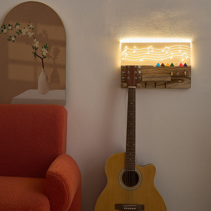 Light up Guitar Stand Wall Mount Wood Hanger Shelf with Pick Holder and 3 Hooks for Acoustic Electric Bass Ukulele Violin Guitar Gifts for Musicians Music Lovers Guitarist(Light Color) Light Color