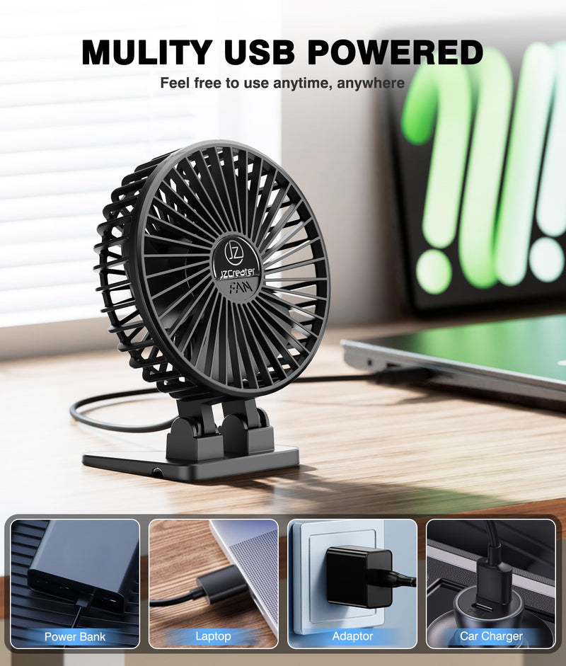 JZCreater USB Desk Fan, Mini Fan Portable, 3 Speeds Desktop Table Cooling Fan, Plug in Power Fan, Rotation Strong Wind, Quiet Personal Small Fan for Home Desktop Office Travel Bedroom, Black Black