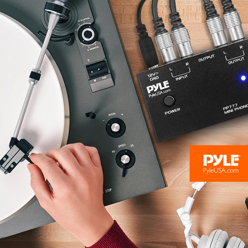 Pyle PP777 Phono Turntable Preamp Mini Electronic Audio Stereo Phonograph Preamplifier Input, RCA Output & Low Noise Operation Powered by 12 Volt DC Adapter Upgraded Model