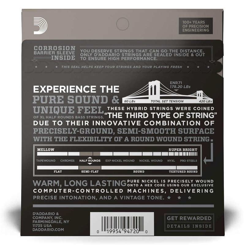 D'Addario Bass Guitar Strings, XL Nickel Half Rounds, ENR71, Long Scale, Regular Light Gauge 45-100, 4-String Set, Pack of 1 Light, 45-100