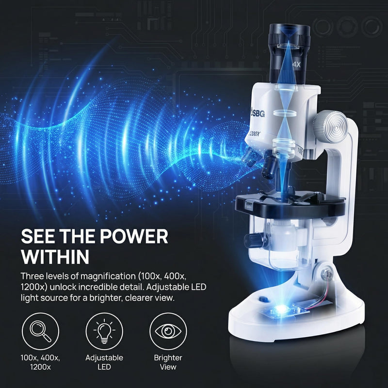 [AUSTRALIA] - Kids Microscope Kit with LED Light - 100X/400X/1200X Magnification for STEM Learning, 12 Prepared Slides, Easy-to-Use Science Learning Kit (Ages 5-12) - White 