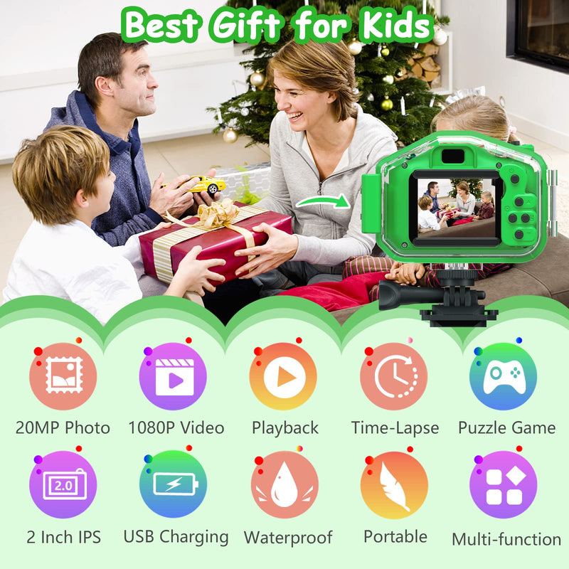 [AUSTRALIA] - Agoigo Kids Waterproof Camera Toys for 3-12 Year Old Boys Girls Christmas Birthday Gifts HD Children's Digital Action Camera Child Underwater Sports Camera 2Inch Screen with 32GB Card (Green) Green 