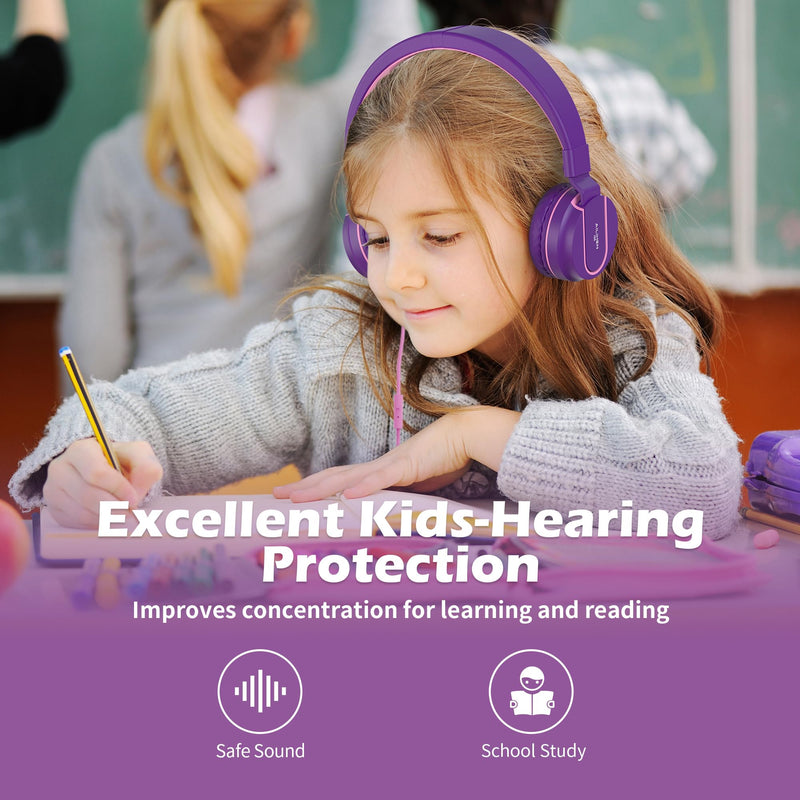 Kids Headphones, AILIHEN I35 On-Ear Headphones for School, Safe Volume 93dB, HD Mic Stereo Headphone for Kid Girls Children, Foldable Wired 3.5mm for Chromebook, Laptop, Computer, Tablet (Pink Purple) Pink Purple
