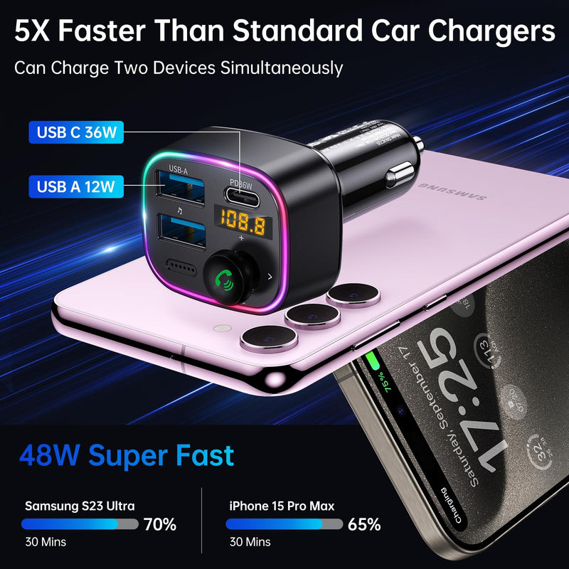 [AUSTRALIA] - Syncwire Bluetooth 5.4 FM Transmitter Car Adapter 48W (PD 36W & 12W) [Light Switch] [HiFi Bass Sound] [Fast Charging] Wireless Radio Music Adapter LED Display Hands-Free Calling Support USB Drive Black 