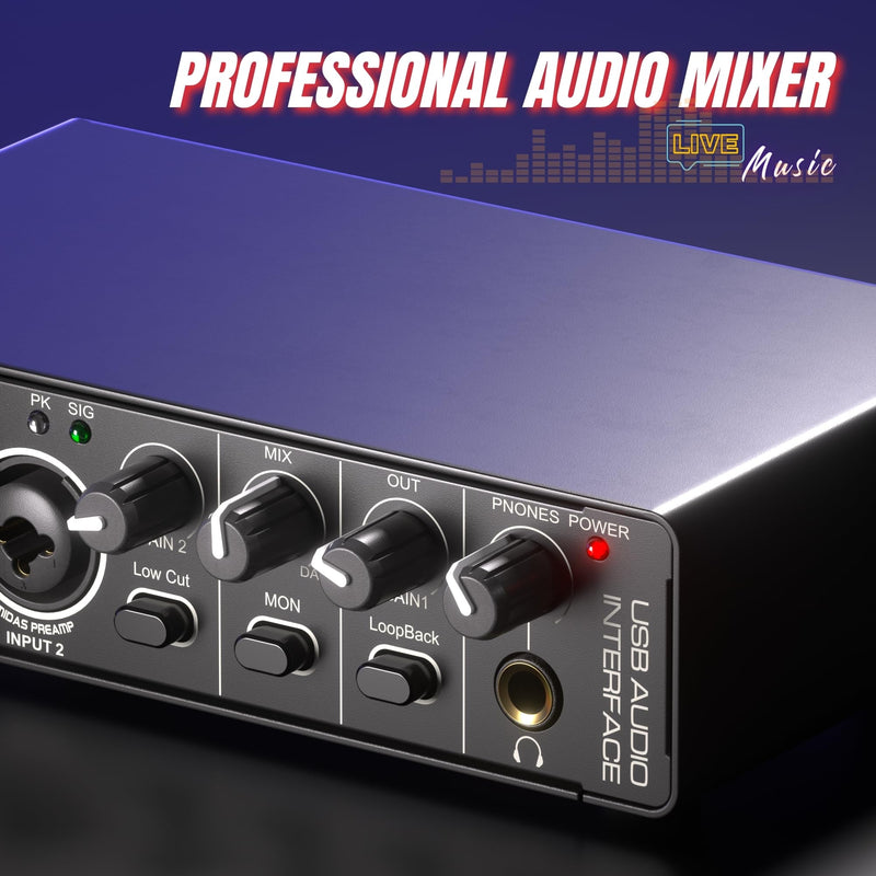 24Bit 192kHz Audio Interface, 2 In 2 Out USB Audio Interface for Recording, Streaming, Podcasting with Pro Audio Mixer, Mic Preamplifier, XLR TSR TS Ports, 48V Phantom Power